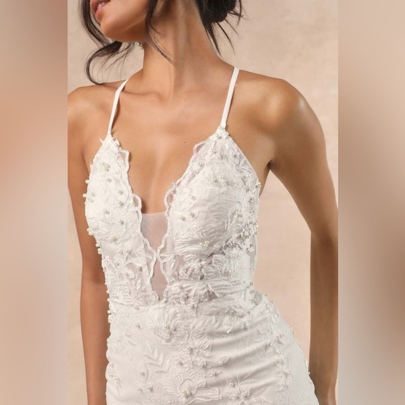 Sz 4 NWOT Lulus Enchanting Eternity Ivory Pearl Lace-Upâ Backless Maxi Dress - Picture 5 of 9